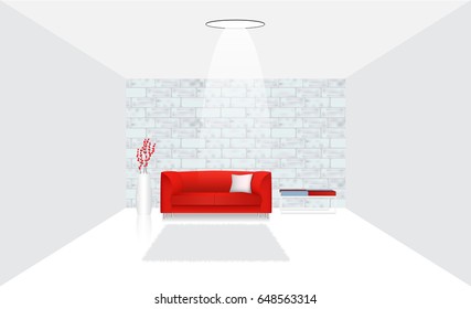 Realistic interior with settee and table  against a brick wall. Modern Living room. Vector illustration.