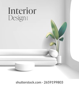 Interior realista de área de espera, escritório, sala de estar, 3D. Sofá branco, planta tropical, mesa de café, janela. Ilustração vetorial.