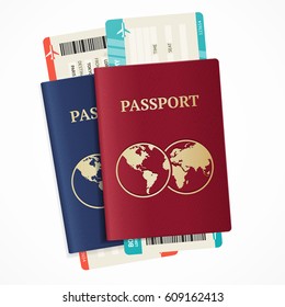 Realistic International Passport with Map and Tickets Set Concept Tourism. Vector illustration