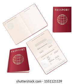 Realistic international passport mockup set - open and closed id document with red cover and blank identification template and travel information. Isolated vector illustration.