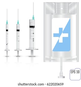 Realistic Intravenous fluid and syringes. Vector illustration