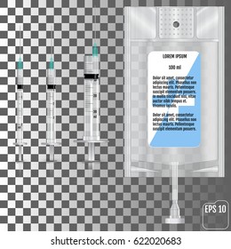 Realistic Intravenous fluid and syringes. Vector illustration