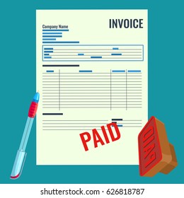 Realistic invoice vector bill with red paid stamp and pen to make signature illustration. Payment is made, rubber stamp near document