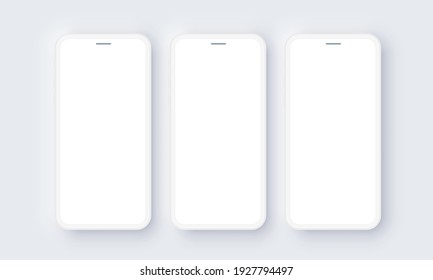 Реалистичный вектор макета шаблона неоморфизма мобильного телефона iPhone. Белый 3D дизайн передней части