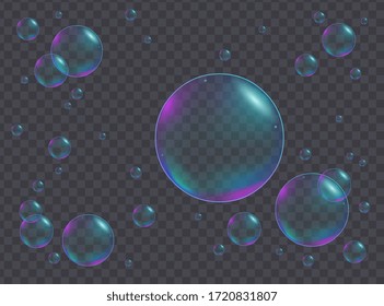 Realistic iridescent bubbles of different sizes giving a receding perspective over a black background, colored vector illustration