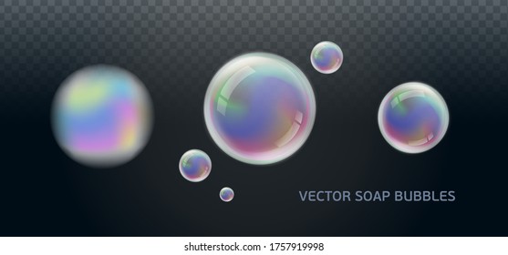 Realistic iridescent colorful soap bubbles with reflection on transparent background. Vector illustration.