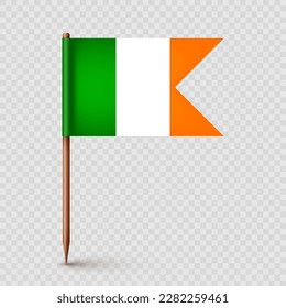 Realistic Irish toothpick flag. Souvenir from Ireland. Wooden toothpick with paper flag. Location mark, map pointer. Blank mockup for advertising and promotions. Vector illustration