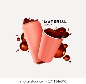 Realistic iron cans and Paper Cup with drink tea, coffee, spray, splashing fluid coke. Mock up for your design. 3d isolated objects on white background. Template banner, poster. Vector illustration