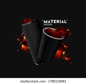 latas de hierro y papeleta realistas con té, café, spray, coca fluida salpicada. Muéstrate por tu diseño. 3d objetos aislados sobre fondo negro. Cartel de plantilla, afiche. Ilustración del vector