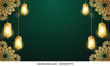 Realistic islamic background with candle and three dimensional arabic ornamental and lantern