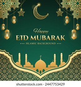 Realistic islamic greetings eid mubarak design with crescent and candle lanterns