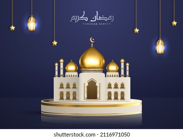 Realistic Islamic illustration with Arabic calligraphy and golden mosque on the product podium. Ramadan Kareem greeting with hanging lanterns and stars