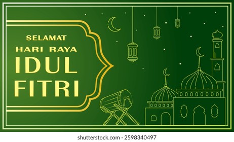 Realistic Islamic Ornament Selamat Hari Raya Idul Fitri Meaning Happy Eid Mubarak. Eid Al Fitr Graphic Design with line art in green background . Template Poster Illustration