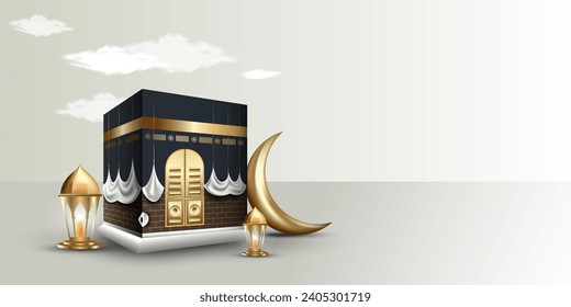 Realistic islamic pilgrimage vector illustration. Ramadan theme banner design elements.