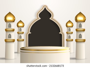 Realistic Islamic product display podium with mosque gate and golden minarets in white background