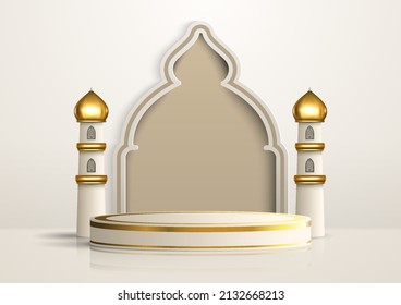 Realistic Islamic product display podium with mosque gate and golden minarets in white background