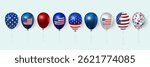 Realistic isolated 3D balloons with American flag elements in red, white and blue colors. Suitable for Independence Day, Memorial Day or patriotic celebration banner or decoration. Vector illustration