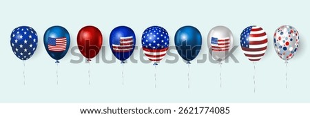 Realistic isolated 3D balloons with American flag elements in red, white and blue colors. Suitable for Independence Day, Memorial Day or patriotic celebration banner or decoration. Vector illustration