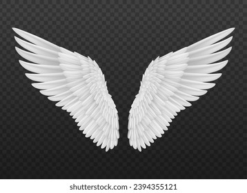 Realistic isolated angel wings with white feathers. Isolated 3d vector graceful and ethereal symbol of divine protection and spiritual guidance, evoke a sense of heavenly beauty and serenity