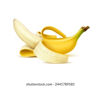 Realistische isolierte Bananenfrucht. Isolierte 3D-Vektor reife längliche, leicht gekrümmte tropische Bananenfrucht mit weichem, cremigem Fleisch und gelber Schale. Lebensmittel mit hohem Kaliumgehalt und süßem Geschmack