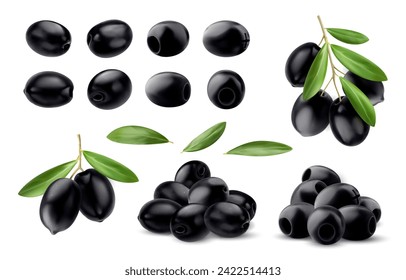 Realistic isolated black olives, olive branch and leaves. 3d vector set of raw, dark fruits with rich, briny flavor used in Mediterranean cuisine and are packed with healthy fats and antioxidants