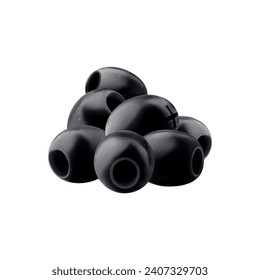 Realistic isolated black pitted olives pile stack. Farm natural fruit, Mediterranean cuisine organic plant or vegetarian food isolated 3d vector pitted olive berries. Agriculture garden fresh harvest