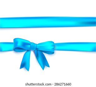 Realistic isolated blue silk bow and ribbon. Vector illustration