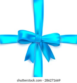 Realistic isolated blue silk ribbon and bow tied to the cross. Vector illustration