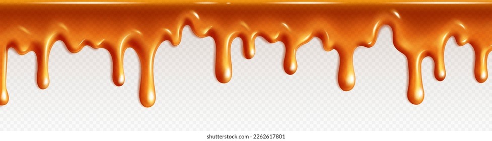 Realistic isolated caramel dripping cream. Vector melt candy syrup pattern. Liquid toffee flow illustration on transparent background. Fluid sticky maple frame border decoration.