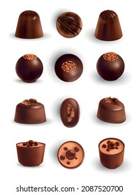 Realistic isolated chocolate icon set candies with different shapes different fillings and sprinkles vector illustration
