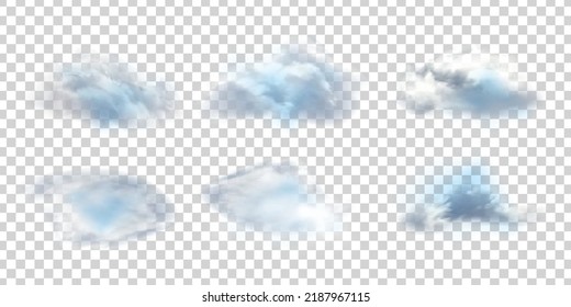 Realistic isolated cloud on transparent background. Vector set of realistic isolated fluffy cloud. Illustration of different types of cirrus and cumulus clouds. Vector.