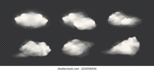 Realistic isolated cloud on transparent background. Vector set of realistic isolated fluffy cloud. Illustration of different types of cirrus and cumulus clouds. Vector.