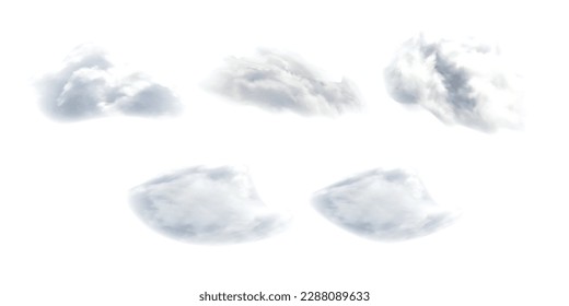 Realistic isolated cloud on transparent background. Vector set of realistic isolated fluffy cloud. Illustration of different types of cirrus and cumulus clouds. Vector.