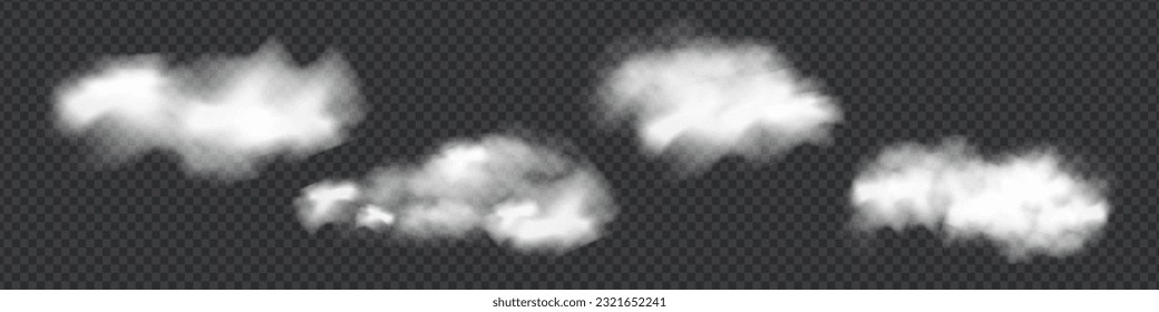 Realistic isolated cloud on transparent background. Vector set of realistic isolated fluffy cloud. Illustration of different types of cirrus and cumulus clouds. Vector.