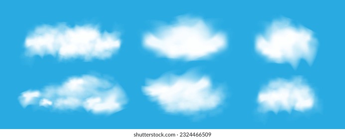 Realistic isolated cloud on transparent background. Vector set of realistic isolated fluffy cloud. Illustration of different types of cirrus and cumulus clouds. Vector.