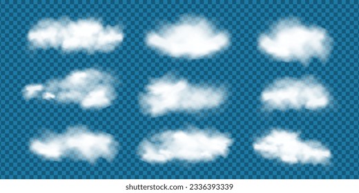 Nube aislada realista sobre un fondo transparente. Conjunto vectorial de nubes esponjosas aisladas y realistas. Ilustración de diferentes tipos de cirros y nubes de cúmulos. Vector.