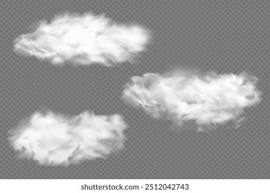 Realistic isolated cloud on transparent background. Vector set of realistic isolated fluffy cloud. Illustration of different types of cirrus and cumulus clouds. Vector.