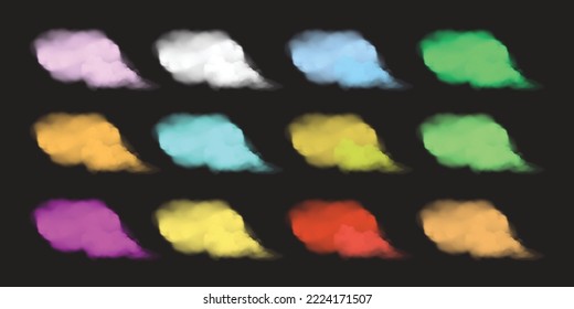 Realistic isolated colored cloud set on transparent background. Vector set of a realistic isolated fluffy cloud. Illustration of different types of cirrus and cumulus clouds. Vector.