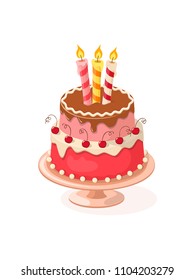 Realistic isolated colorful cake tier with candles on the white background. Vector illustration for tea party invitation or birthday card, sweet menu of the restaurant, cafeteria, bakery cafe. eps10.