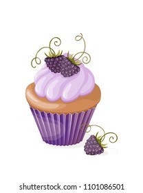 Realistic isolated colorful cupcake with blueberry on the white. Vector illustration for tea party invitation or birthday card, sweet menu of the restaurant, cafeteria, bakery cafe or shop. eps10.
