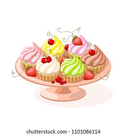 Realistic isolated colorful plate with set of cupcakes and berries on the white background. Vector illustration for tea party invitation  sweet menu of the restaurant, cafeteria, bakery cafe. eps 10. 