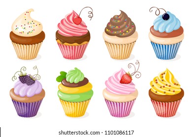 Realistic isolated colorful plate with set of cupcakes and berries on the white background. Vector illustration for tea party invitation  sweet menu of the restaurant, cafeteria, bakery cafe. eps 10. 