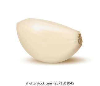 Realistic isolated garlic clove, ripe and raw garlic plant, seasoning vegetable slice. 3d vector peeled fresh clove with smooth texture. Natural condiment with pungent aroma for cooking culinary dish