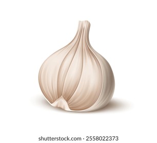 Realistic isolated garlic half. 3d vector halved raw garlic seasoning, vegetable plant head. Aromatic bulb with papery skin revealing plump cloves, ready to elevate culinary dish with robust flavor