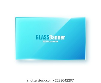 Realistic isolated glass frame. Blue transparent glass banner with flares and highlights. Glossy acrylic plate, element with light reflection and place for text. Vector illustration