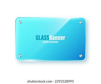 Realistic isolated glass frame. Blue transparent glass banner with flares and highlights. Glossy acrylic plate, element with light reflection and place for text. Vector illustration