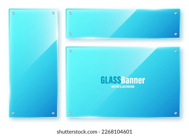 Realistic isolated glass frames collection. Blue transparent glass banners with flares and highlights. Glossy acrylic plate, element with light reflection and place for text. Vector illustration