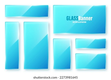 Realistic isolated glass frames collection. Blue transparent glass banners with flares and highlights. Glossy acrylic plate, element with light reflection and place for text. Vector illustration
