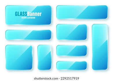 Realistische Kollektion isolierter Glasrahmen. Transparente Banner mit Blautönen und Highlights. Glossy Acrylplatte, Element mit leichter Reflexion und Platz für Text. Vektorgrafik