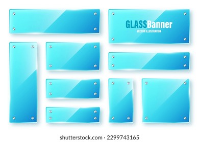 Realistic isolated glass frames collection. Blue transparent glass banners with flares and highlights. Glossy acrylic plate, element with light reflection and place for text. Vector illustration